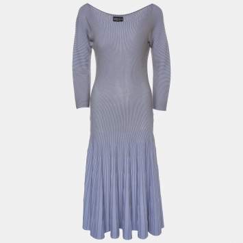 مملوكة مسبقًا Emporio Armani Purple Striped Rib Knit Boat Neck Long Sleeve Dress L