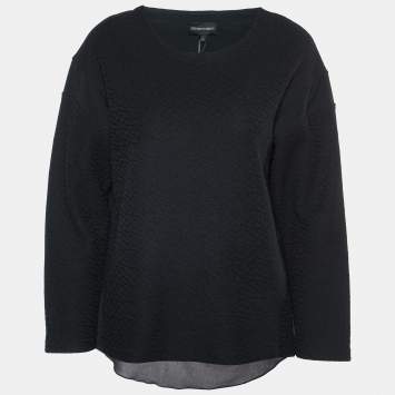 Pre Owned Emporio Armani Black Textured Cotton Blend Split  Back Detail Top M