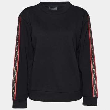 Pre Owned Emporio Armani Black Cotton Knit LogoTrim Detail Round Neck Sweater S