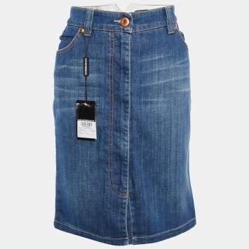Pre Owned Emporio Armani Blue Denim Zip Front Knee Length Skirt L