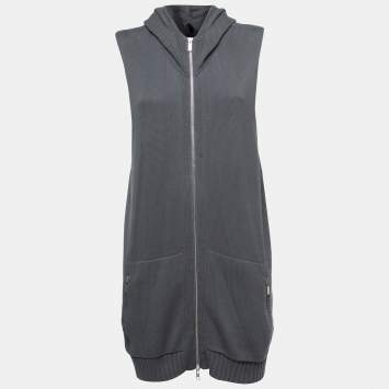 Pre Owned Emporio Armani Grey Knit Zip Front Hooded Cardigan 3XL