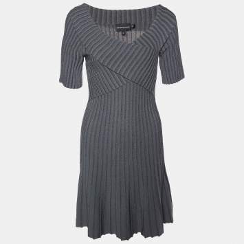 Pre Owned Emporio Armani Charcoal Grey Lurex Knit Crossover Detail Midi Dress S