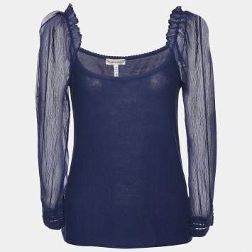 Pre Owned Emporio Armani Navy Blue Cotton Knit & Silk Sleeve Detail Top M