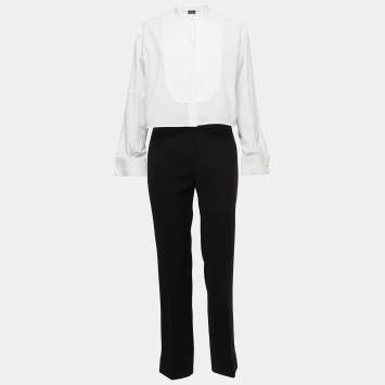 Pre Owned Emporio Armani White/Black Cotton & Crepe Pant Shirt Set M