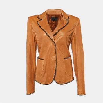 Pre Owned Emporio Armani Brown Leather Chain Detailed Blazer L