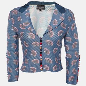 Pre Owned Emporio Armani Slate Blue Printed Rib Jersey Crop Top S