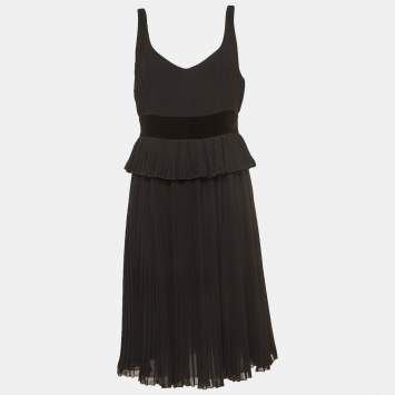 Pre Owned Emporio Armani Black Velvet Trim Crepe Pleated Midi Dress M