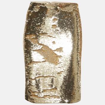 Pre Owned Emporio Armani Gold Sequin Pencil Skirt S
