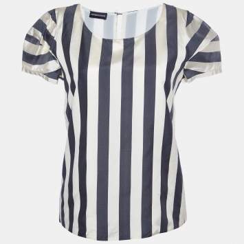 Pre Owned Emporio Armani Cream/Black Striped Silk Blend Top S