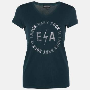 Pre Owned Emporio Armani Green Logo Print Cotton Crew Neck T-Shirt M