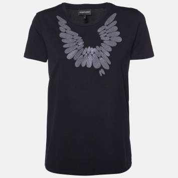 Pre Owned Emporio Armani Black Embellished Cotton Crew Neck T-Shirt M 