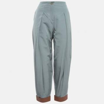 Pre Owned Emporio Armani Grey Leather Trim Crepe High Waist Pants M