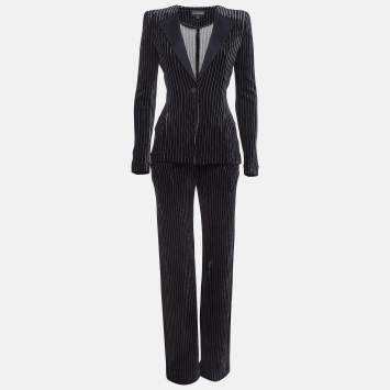 Pre Owned Emporio Armani Navy Blue Stripe Velvet Knit Blazer and Pants Suit M