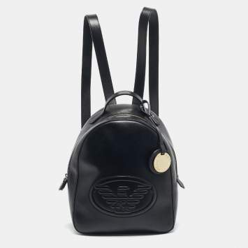 Pre Owned Emporio Armani Black Faux Leather Small Logo Backpack