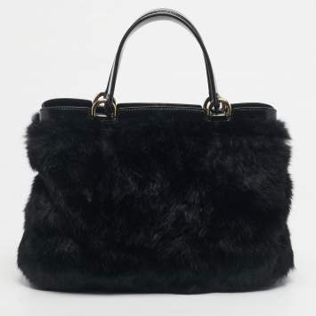 Pre Owned Emporio Armani Black Rabbit Fur and Patent Leather Satchel