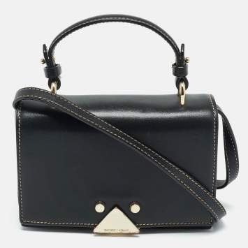 Pre Owned Emporio Armani Black Leather Stud Flap Top Handle Bag