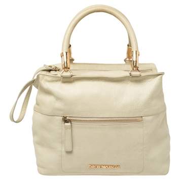 Pre Owned Emporio Armani Pale Green Leather Double Zip Tote