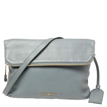 Pre Owned Emporio Armani Ash Blue Leather Zip Flap Convertible Shoulder Bag