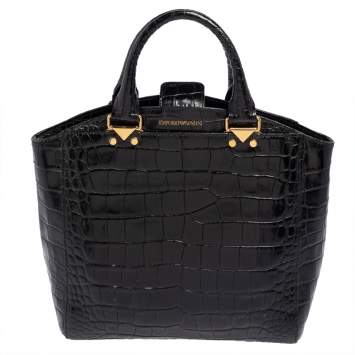 Pre Owned Emporio Armani Black Croc Embossed Leather Satchel