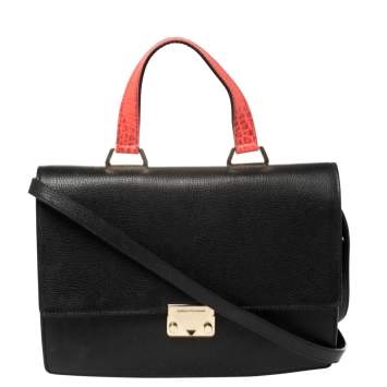 Pre Owned Emporio Armani Black Leather And Croc Embossed Leather Pushlock Flap Top Handle 