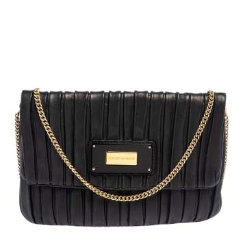 Pre Owned Emporio Armani Black Leather Pleated Crossbody Bag