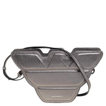 Pre Owned Emporio Armani Metallic Grey Leather Structured Logo Crossbody Bag