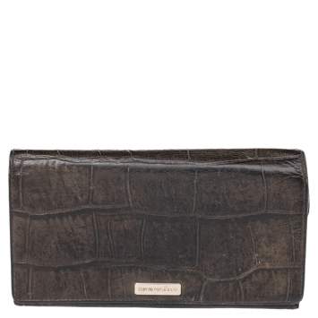 Pre Owned Emporio Armani Black Croc Embossed Leather Flap Wallet