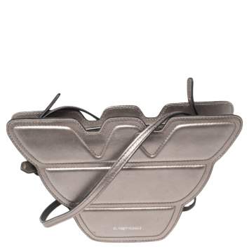 Pre Owned Emporio Armani Metallic Grey Leather Structured Logo Crossbody Bag