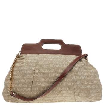 Pre Owned Emporio Armani Beige/Brown Monogram Canvas And Leather Shoulder Bag