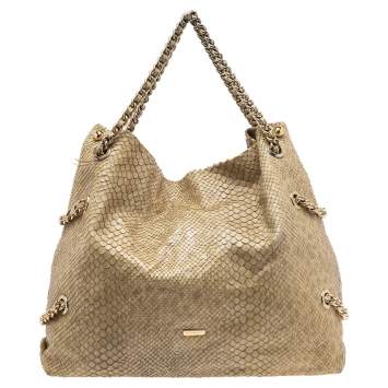 Pre Owned Emporio Armani Beige Glittery Snakeskin Embossed Leather Chain Detail Hobo