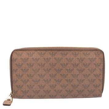 Pre Owned Emporio Armani Beige Printed Leather Zip Around Wallet