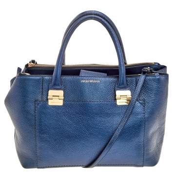 مملوكة مسبقًا Emporio Armani Metallic Navy Blue Leather Tote