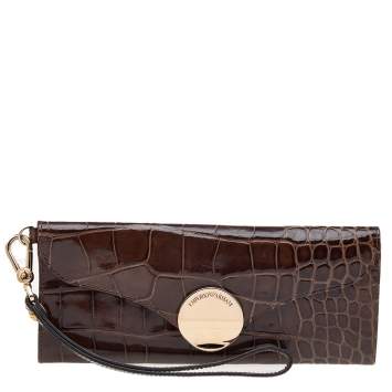 Pre Owned Emporio Armani Brown Croc Embossed Leather Continental Wallet