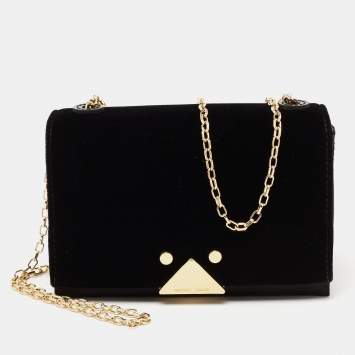 مملوكة مسبقًا Emporio Armani Black Velvet and Satin Flap Chain Shoulder Bag