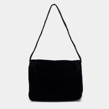 Pre Owned Emporio Armani Black Velvet Flap Shoulder Bag