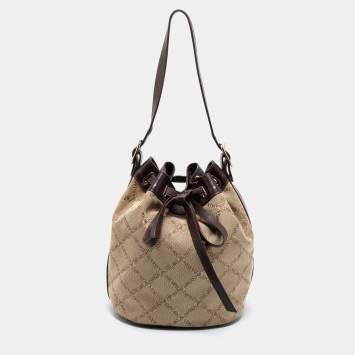 Pre Owned Emporio Armani Brown/Beige Signature Fabric and Leather Drawstring Bucket Bag 