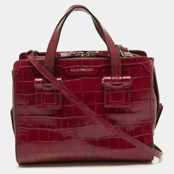 Pre Owned Emporio Armani Red Croc Embossed Leather Zip Satchel 