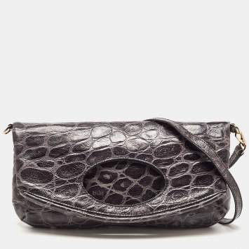 Pre Owned Emporio Armani Grey Croc Embossed Leather Foldover Shoulder Bag
