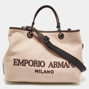 Pre Owned Emporio Armani Dark Brown/Beige Cashmere Medium MyEA Resort Shopper Tote