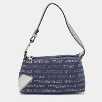 Pre Owned Emporio Armani Blue/Grey Signature Fabric and Leather Bag