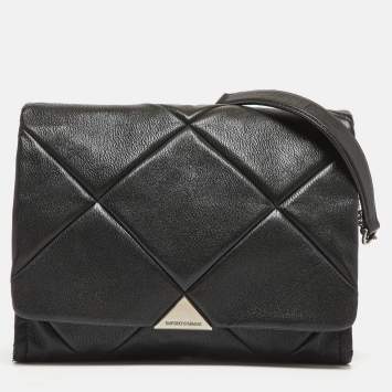 Pre Owned Emporio Armani Black Quilted Faux Leather Noelle Flap Shoulder Bag