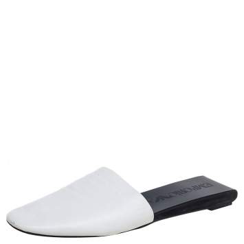 Pre Owned Emporio Armani White Leather Embossed Logo Flat Mule Sandals Size 38