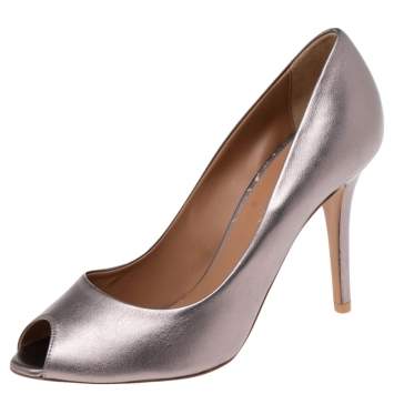 Pre Owned Emporio Armani Metallic Grey Leather Peep-Toe Pumps Size 38 