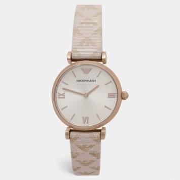 Pre Owned Emporio Armani Silver Rose Gold Plated Stainless Steel Leather AR-11126 Women's Wristwatch 32 mm