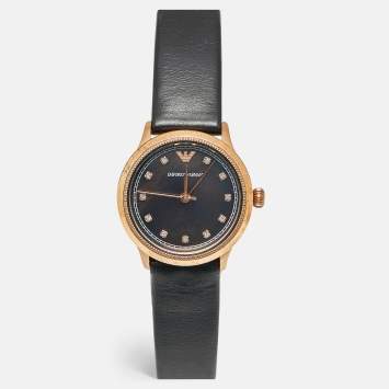 Pre Owned Emporio Armani Black Mother Of Pearl Rose Gold Tone Stainless Steel Leather Classic AR1802 Women's Wristwatch 27 mm