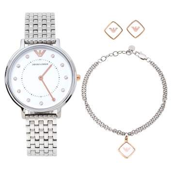 Pre Owned Emporio Armani White Stainless Steel Two-Hand AR80023 Wristwatch 32 mm Set With Earrings And Bracelet