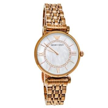 Pre Owned Emporio Armani Mother Of Pearl Gold Plated Stainless Steel Classic AR1909 Women's Wristwatch 32 mm