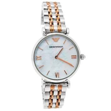 Pre Owned Emporio Armani Mother Of Pearl Two-Tone Stainless Steel Retro AR1987 Women's Wristwatch 32 mm