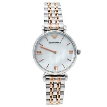 Pre Owned Emporio Armani Mother Of Pearl Two-Tone Stainless Steel Retro AR1987 Women's Wristwatch 32 mm