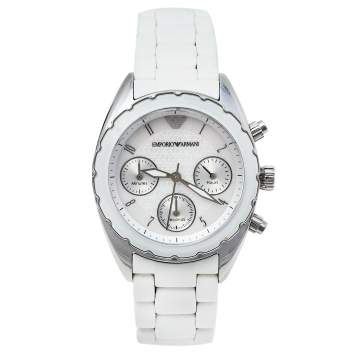 Pre Owned Emporio Armani White Stainless Steel Rubber Sportivo AR5941 Women's Wristwatch 35 mm